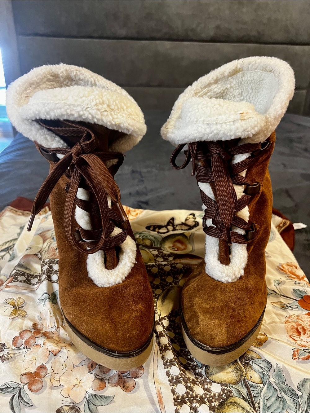 MIA Wms Brown Suede Fleece Lined Wedge Platform Lace Up Boho Mid Calf Boots 8.5